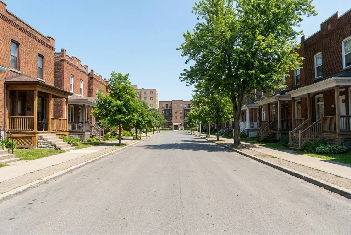Illustrative image: Walkable neighborhood of brick homes near a small downtown
